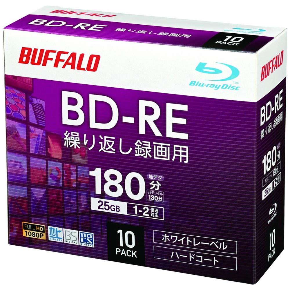 Buffalo RO-BE25V-010CW/N BD-RE Blu-Ray Disc, 25 GB, 10 Pieces, Slim Case, 1 Layer on One Side, 1 - 2x Speed, White Label