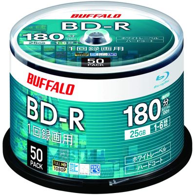 Buffalo RO-BR25V-050PW/N BD-R Blue-Ray Discs, 25GB, 50 Sheets, Spindle, Single Sided, 1-6x, White Label