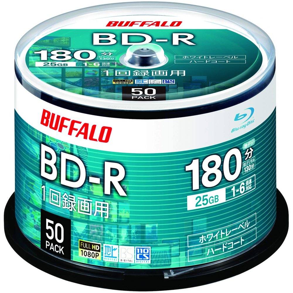Buffalo RO-BR25V-050PW/N BD-R Blue-Ray Discs, 25GB, 50 Sheets, Spindle, Single Sided, 1-6x, White Label