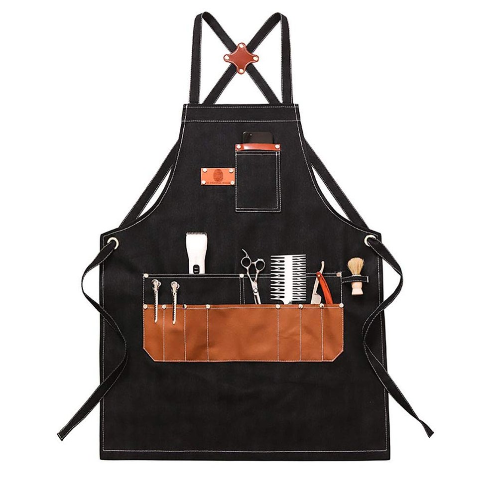 MHKanS Barber Apron Professional Hair Stylist Jean Apron Work Apron with Pockets Adjustable Cross Strap Tool Apron for Men and Women, 23.6*29.5 inch, Black