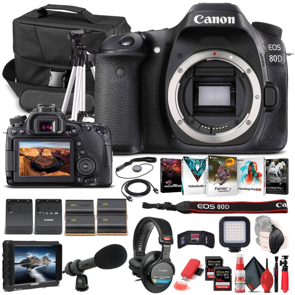 Canon EOS 80D DSLR Camera (Body Only) with Monitor (1263C004) Bundle