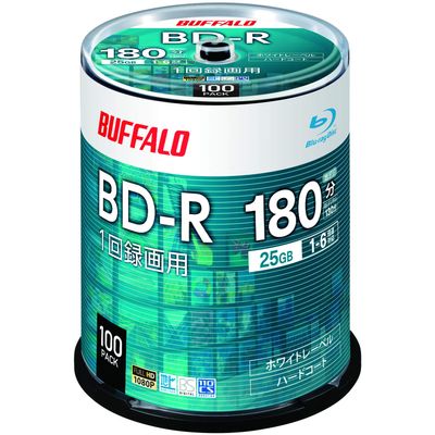 Buffalo RO-BR25V-100PW/N BD-R Blue-Ray Discs, 25 GB, 100 Sheets, Spindle, Single Sided Layer, 1-6x Speed, White Label