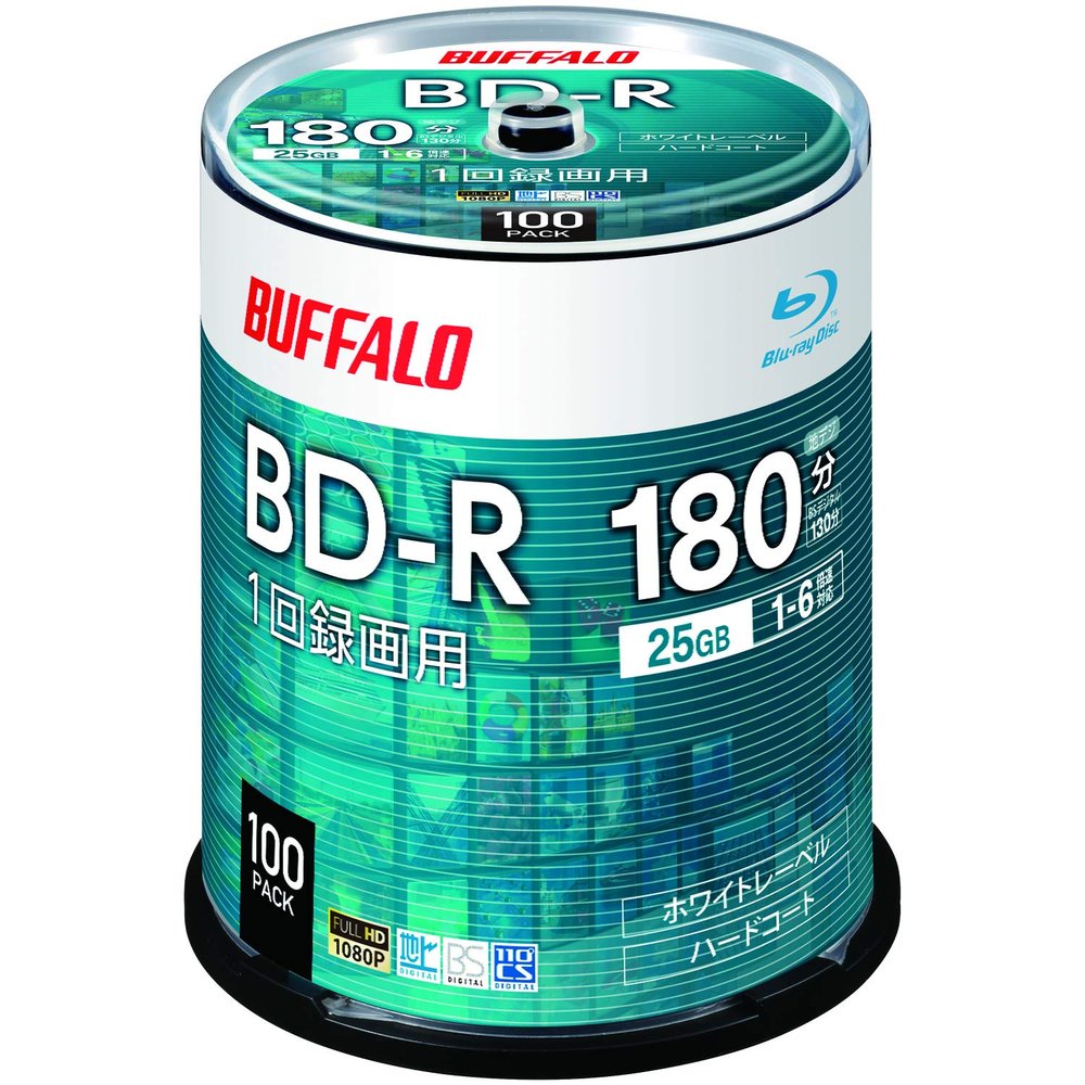 Buffalo RO-BR25V-100PW/N BD-R Blue-Ray Discs, 25 GB, 100 Sheets, Spindle, Single Sided Layer, 1-6x Speed, White Label