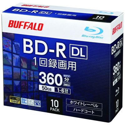 Buffalo RO-BR50V-010CW/N BD-R DL 1 Recording 50GB 10 Disc Case, 2 Sided Layer, 1 - 6x Speed, White Label
