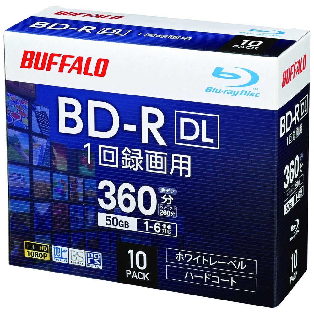 Buffalo RO-BR50V-010CW/N BD-R DL 1 Recording 50GB 10 Disc Case, 2 Sided Layer, 1 - 6x Speed, White Label