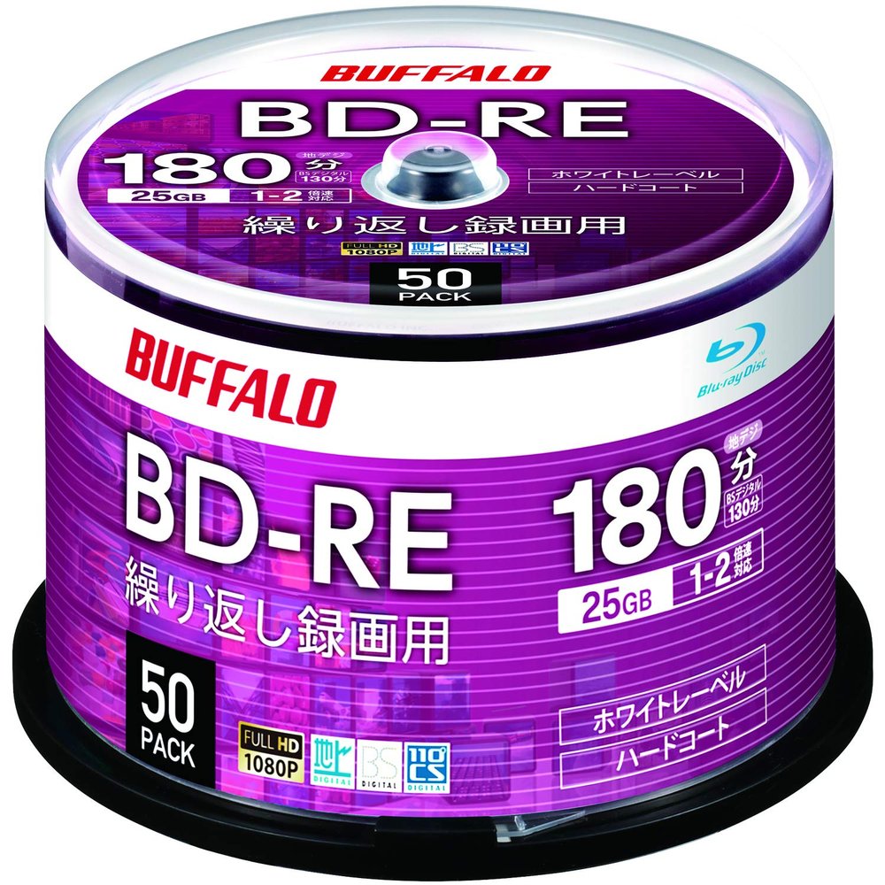 Buffalo RO-BE25V-050PW/N BD-RE Blu-Ray Disc, 25 GB, 50 Sheets, Spindle, Single Side, 1-2x Speed, White Label