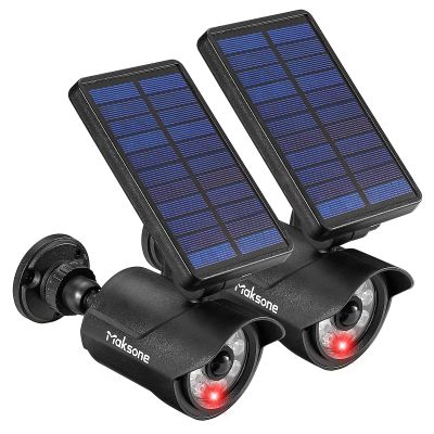 Maksone Solar Lights Motion Sensor Security Light METAL Finishing, Fake Camera Red Indicator Dummy Camera IP66 Waterproof Lamp Outdoor Landscape&Wall mount Highly Bright 2400mAh for garden yard 2 Pack