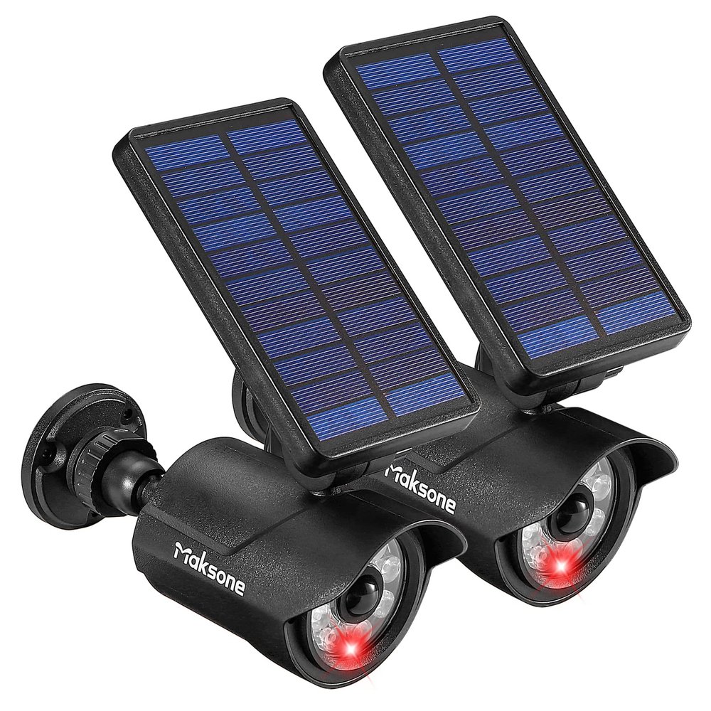 Maksone Solar Lights Motion Sensor Security Light METAL Finishing, Fake Camera Red Indicator Dummy Camera IP66 Waterproof Lamp Outdoor Landscape&Wall mount Highly Bright 2400mAh for garden yard 2 Pack