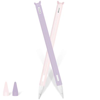 2 Pack Case for Apple Pencil 2nd Generation Holder Cover Sleeve Accessories,Cute Cat Silicone Grip Skin with Charging Cap and 2 Protective Nib Covers for iPad Pro 9.7/10.5/12.9-Pink,Purple
