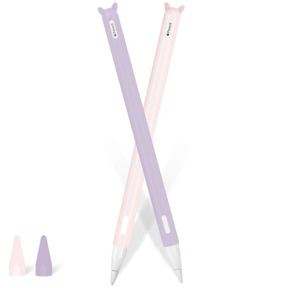 2 Pack Case for Apple Pencil 2nd Generation Holder Cover Sleeve Accessories,Cute Cat Silicone Grip Skin with Charging Cap and 2 Protective Nib Covers for iPad Pro 9.7/10.5/12.9-Pink,Purple