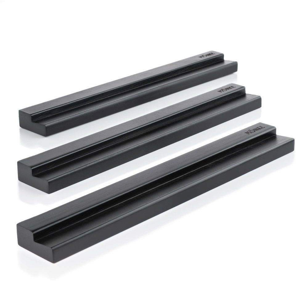 MNKE Vinyl Record Wall Mount - 3 Elegant Display Ledges Made from Solid Wood - These Vinyl Record Shelf Will Hold Records of Any Size (Black)