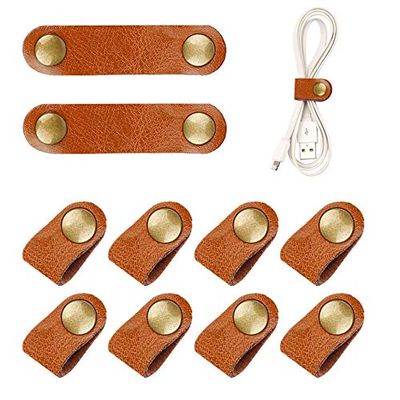 10 Pcs Cord Organizer, Stocking Stuffers for Men Portable Earphone Cord Holder Winder Keeper, Leather Cable Cord USB Straps, Leather Handmade (Light Brown)