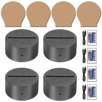 HYNNIO 4 Sets 3D Night LED Light Lamp Base, Large Size LED Base for Acrylic16 Colors LED Light Base with Remote Control and USB Cable for Bedroom Child Room Restaurant Shop (4-Set Round Black)