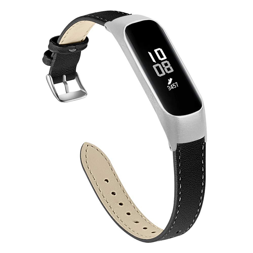 Jennyfly SM-R375 Slim Band Wristbands, Women Adjustable 5.5-8.0 inch Genuine Leather Soft Wristband Slim Strap with Metal Buckle Compatible with Samsung Galaxy Fit-E SM-R375 - Black