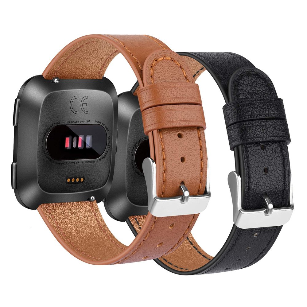 2 Pack BOTNUW Leather Bands Compatible with Fitbit Versa 2 Bands,Versa Bands,Versa Lite Wristbands Fitness Smart Watch, Soft Replacement Leather Strap Bands for Women Men (black&brown)