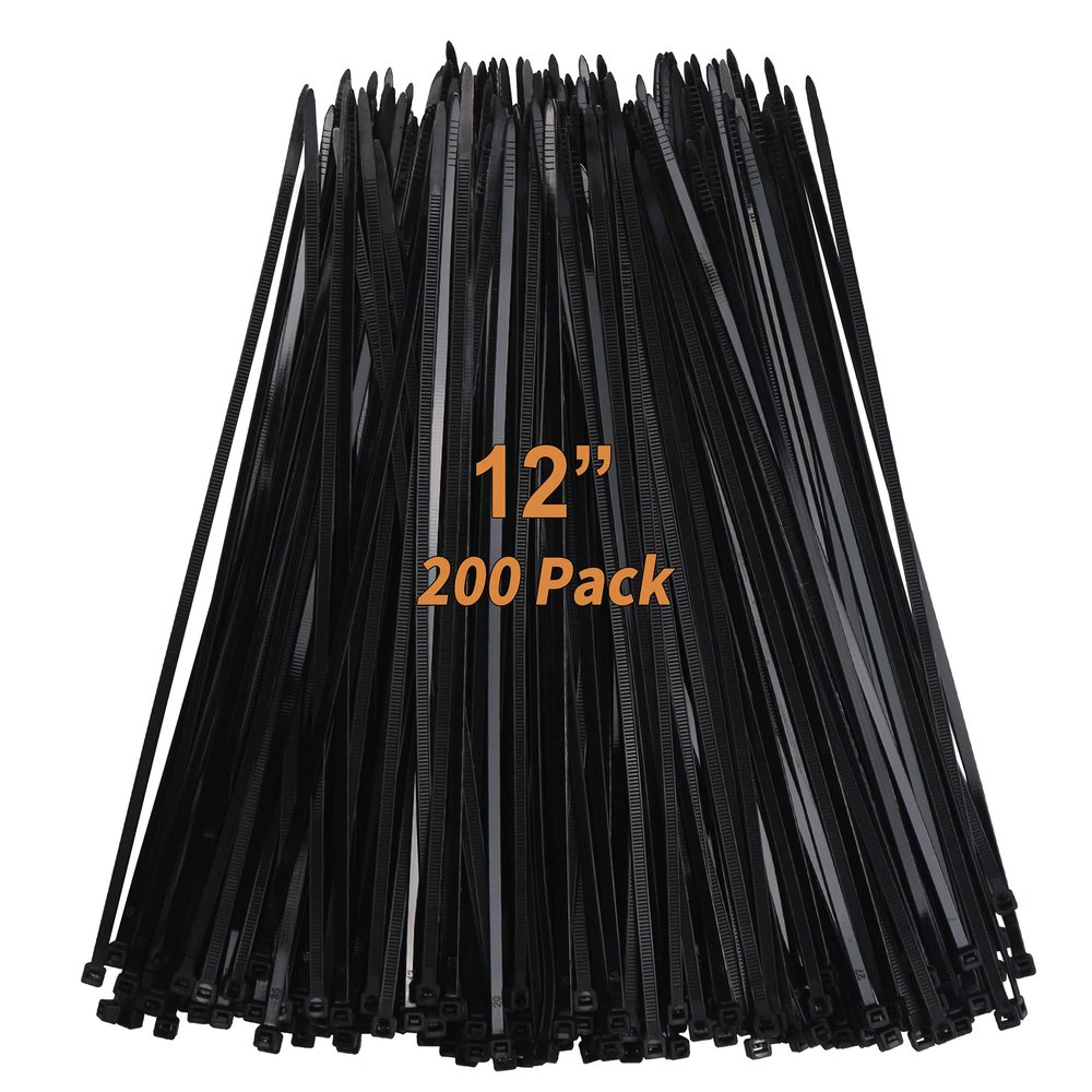 12 Inch Zip Ties 200 PCS, 12" UV Resistant Black Nylon Plastic Wire Ties with 50 LB Tension Strength by Dekun (Black, 200 Pack)