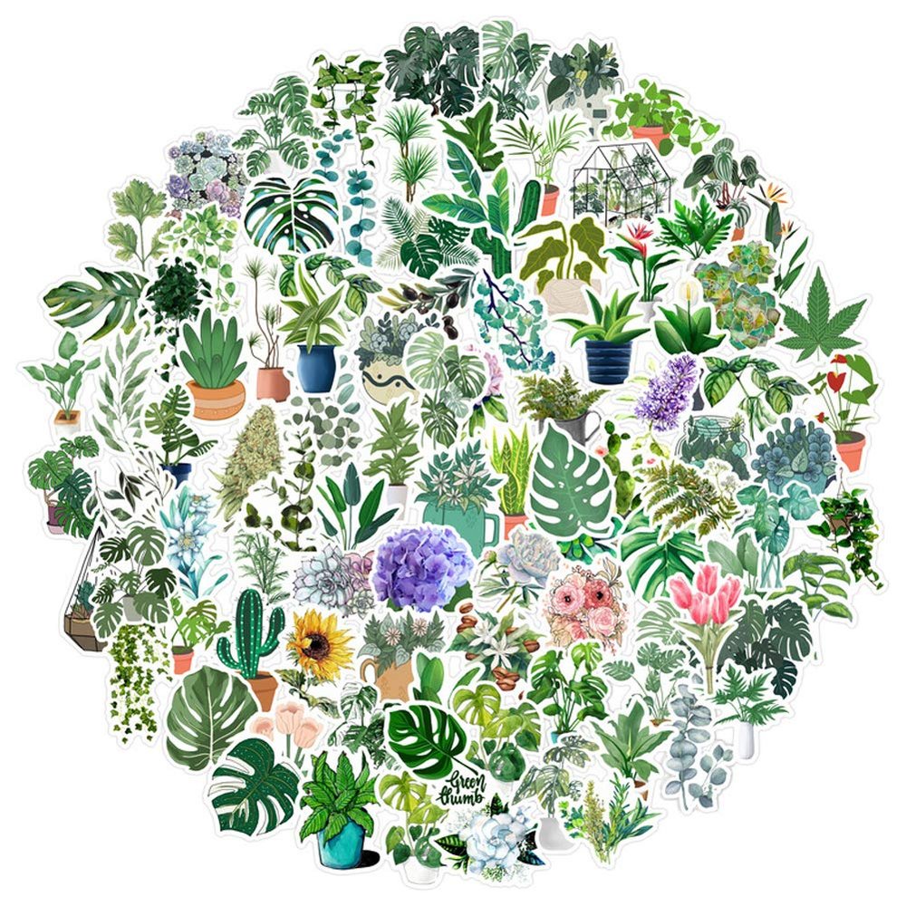 100PCS Green Plant Stickers,Potted Plant Floral Decals Stickers for Laptop Water Bottles Phone Computer Decal12345