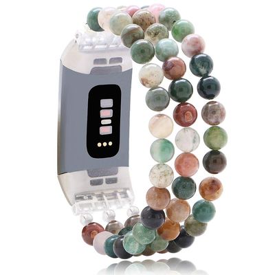 C&L Accessories Compatible with Fitbit Charge 3 Charge 4 Bands, Handmade Feminine Stretch Natural Stone Beaded Adjustable Bracelet Band for Women (Indian Agate)