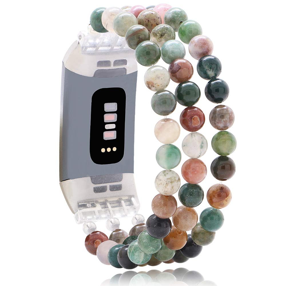 C&L Accessories Compatible with Fitbit Charge 3 Charge 4 Bands, Handmade Feminine Stretch Natural Stone Beaded Adjustable Bracelet Band for Women (Indian Agate)