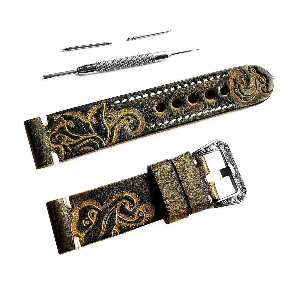 NICKSTON Green with Yellow Embossed Leather Strap Compatible with Garmin Venu Sq, Venu Sq Music Edition and Venu Band Pins Tool B20 (2. Silver Color Buckle, For Garmin Venu Sq Music Edition)