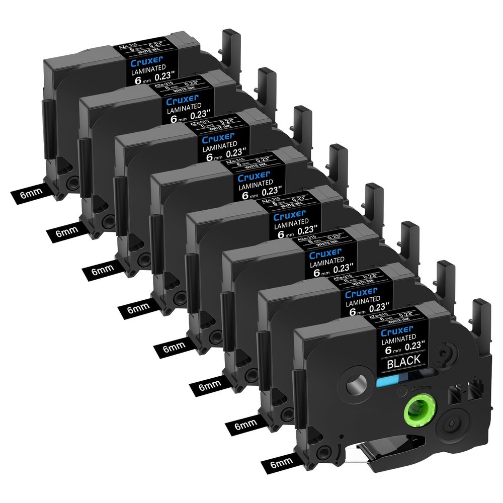 Cruxer 8 Pack Replacement for P-Touch TZe-315 TZ-315 6mm 0.23" White Text on Black Laminated Label Tape Compatible with Ptouch PT-D200 PT-D210 PT-D400 PT-D450 PT-D600 PT-H100 1230PC Label Maker