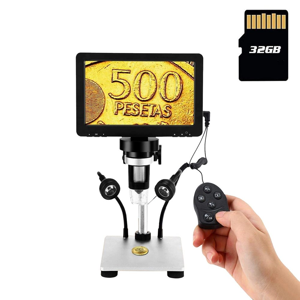 LCD Digital USB Microscope with 7" 1080P Screen, Coin & Soldering Microscope with 12MP Video Camera & 1200X, 32GB SD Card, Wired Remote 10 LED Lights for Kids/Adults, Windows/Mac Compatible