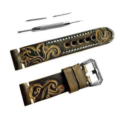 NICKSTON Green with Yellow Embossed Leather Strap Compatible with Garmin Venu Sq, Venu Sq Music Edition and Venu Band Pins Tool B20 (5. Rose Gold Color Buckle, For Garmin Venu Sq)