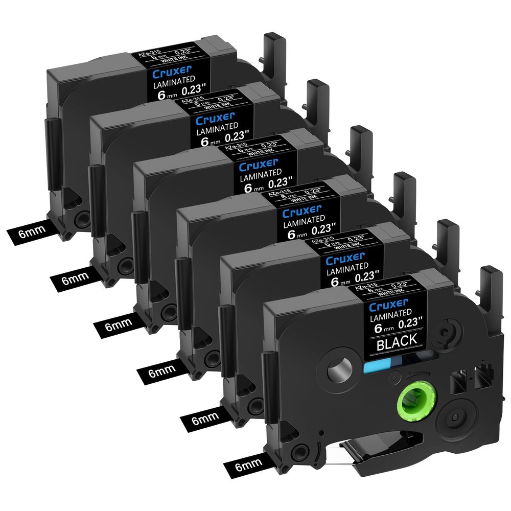 Cruxer 6 Pack Replacement for P-Touch TZe-315 TZ-315 6mm 0.23" White Text on Black Laminated Label Tape Compatible with Ptouch PT-D200 PT-D210 PT-D400 PT-D450 PT-D600 PT-H100 1230PC Label Maker