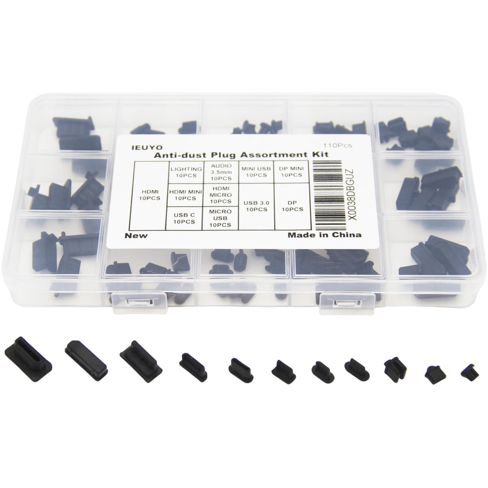 IEUYO Silicone Universal Anti Dust Cover Plug Kit Stopper Cap for USB C/A Micro USB Lightning Ethernet HDMI DP Computer PC Laptops Phones Audio Devices Electronics Black 11Sizes 110Pcs