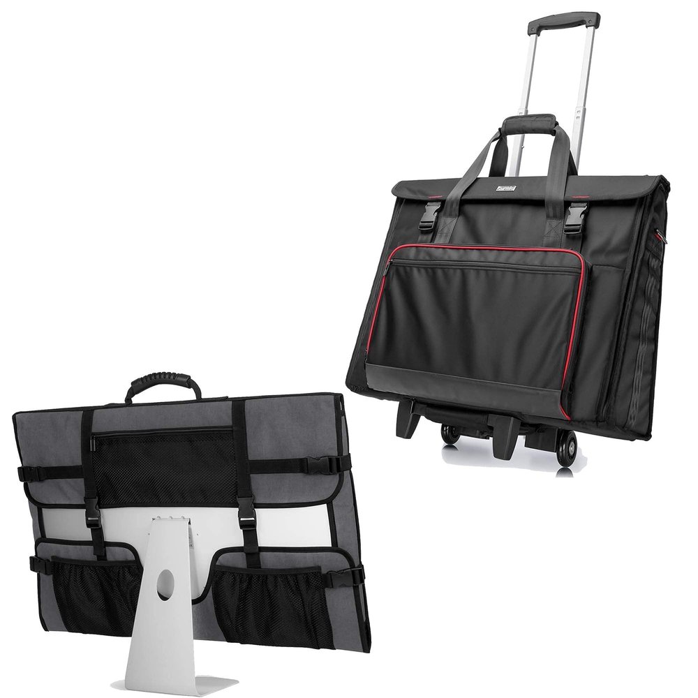 CURMIO Tote Bag with Rubber Handle, Rolling Carrying Bag with Wheels Compatible with Apple iMac 21.5 inch Desktop Computer, Patented Design