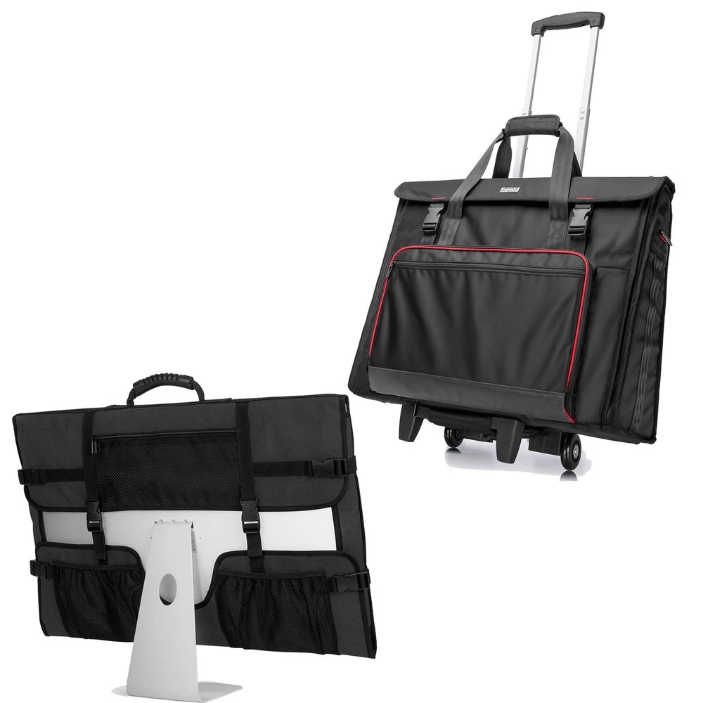 CURMIO Tote Bag with Rubber Handle, Rolling Carrying Bag with Wheels Compatible with Apple iMac 21.5 inch Desktop Computer, Black, Patented Design