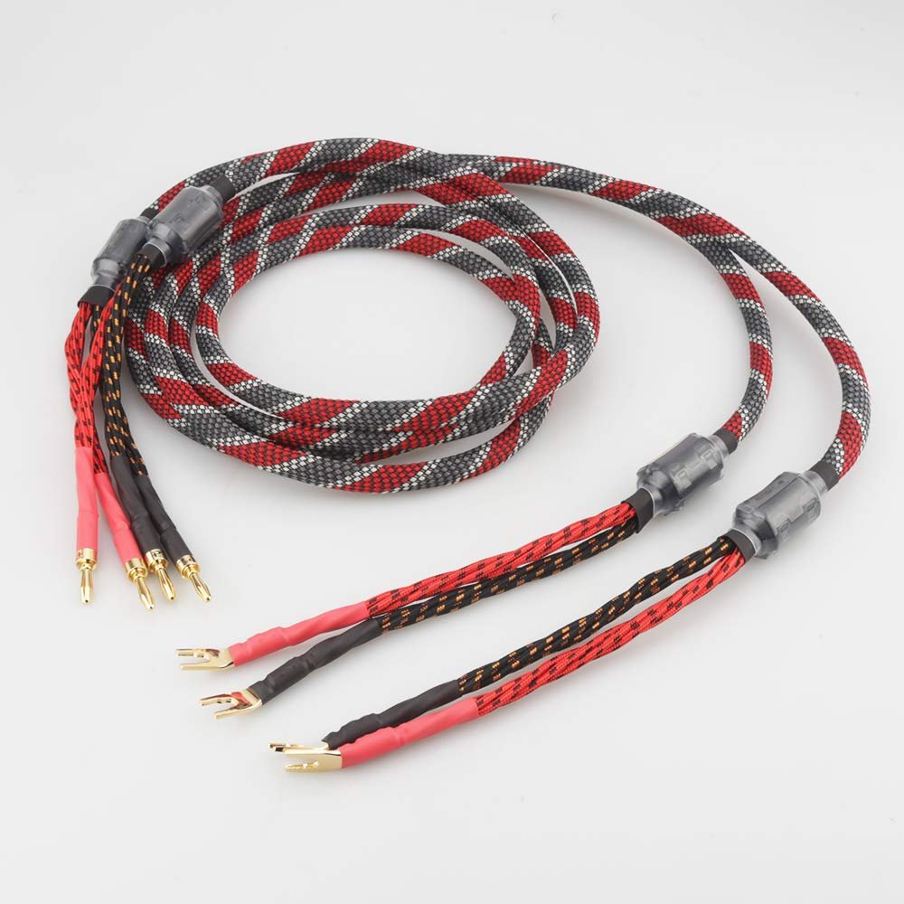 One Pair Oxygen-Free Copper Audio Speaker Cable HI-FI high-end Amplifier Speaker Cable Banana to Spade Plug Cable(2.5m)