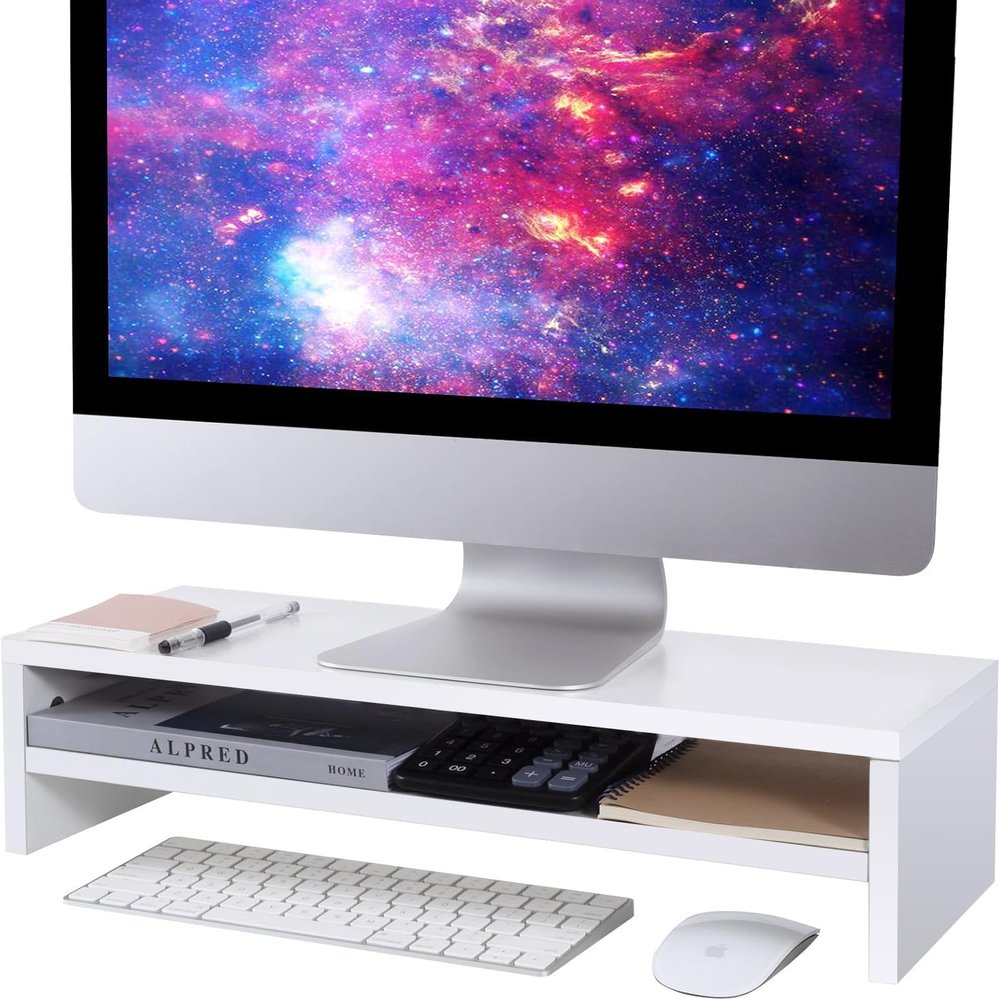 BEYGORM Monitor Stand Riser White, 21.6 inch 2 Tiers Wood Desk Shelf Computer Screen Stand with Storage for Desktop Laptop/Screen/TV/PC/Printer, Desk Shelf Organizer 21.6" L x 7.8" W x 5.2" H