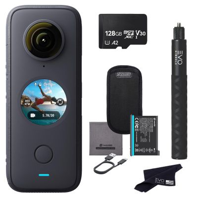 Insta360 ONE X2 360 Camera with Touchscreen - 5.7K30 360 Video, Front Steady Cam Mode, 18MP 360 Photo + InstaPano | Bundle Includes Invisible Selfie Stick (120cm) & 128GB Memory Card (3 Items)