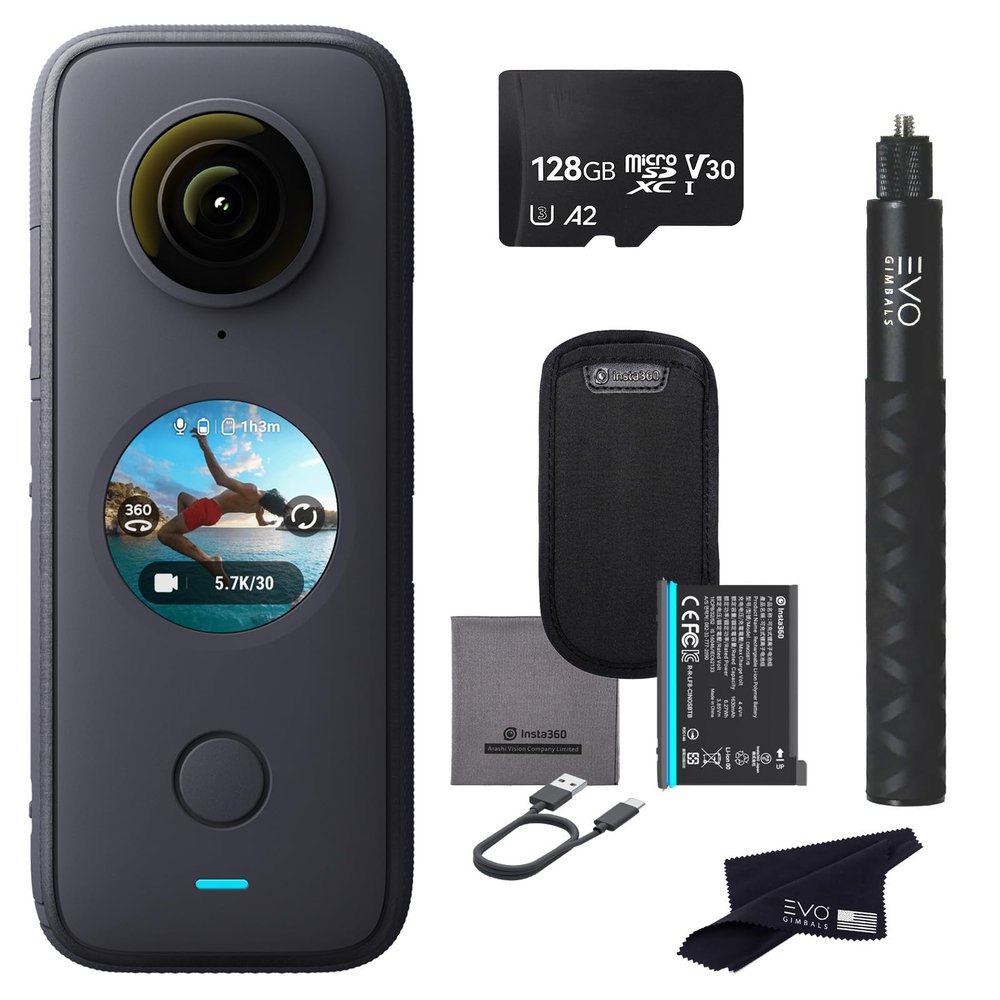 Insta360 ONE X2 360 Camera with Touchscreen - 5.7K30 360 Video, Front Steady Cam Mode, 18MP 360 Photo + InstaPano | Bundle Includes Invisible Selfie Stick (120cm) & 128GB Memory Card (3 Items)