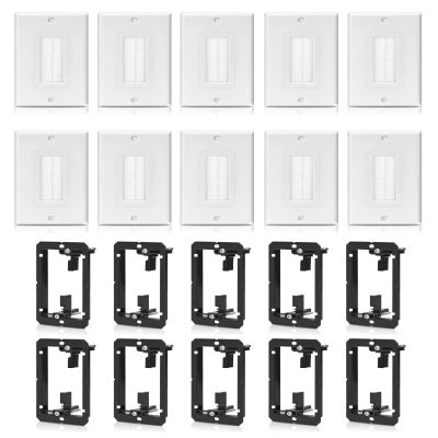 ANONION 10 Pack Single Brush Wall Plate with Low Voltage Mounting Bracket,Cable Pass Through Insert for Wires Wall Socket HDTV Speaker HDMI Network Phone Home Theater (White) 10 PACK 1 Gang