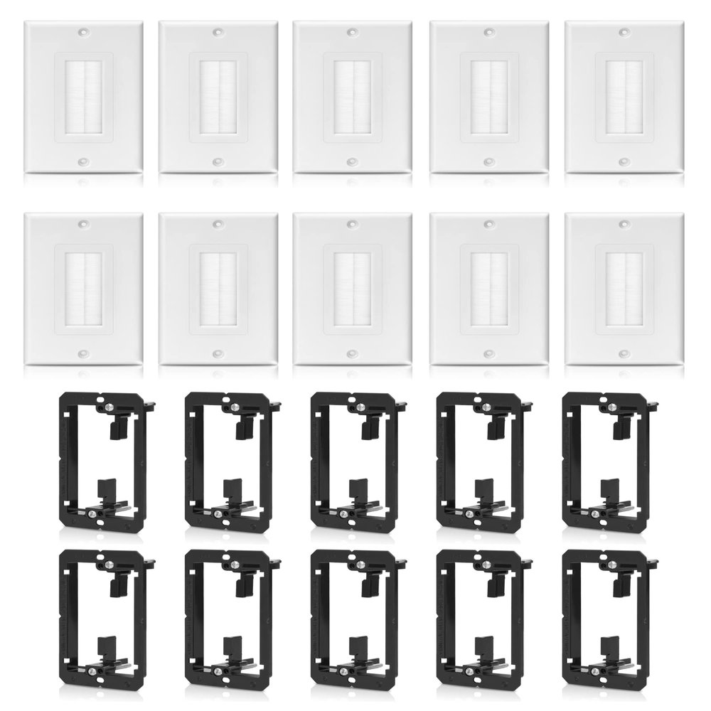 ANONION 10 Pack Single Brush Wall Plate with Low Voltage Mounting Bracket,Cable Pass Through Insert for Wires Wall Socket HDTV Speaker HDMI Network Phone Home Theater (White) 10 PACK 1 Gang