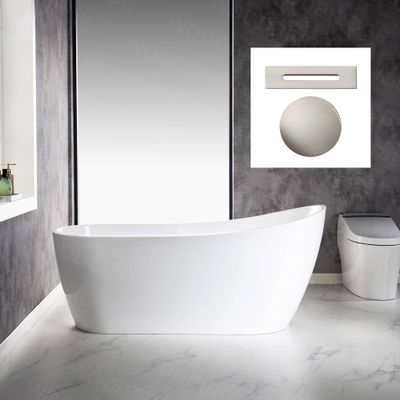 WOODBRIDGE 67"Freestanding White Acylic Soaking Bathtub with White Pillow,Drain and Overflow in Brushed Nickel,BTA1508 -B/N-Drain &O+ Pillow