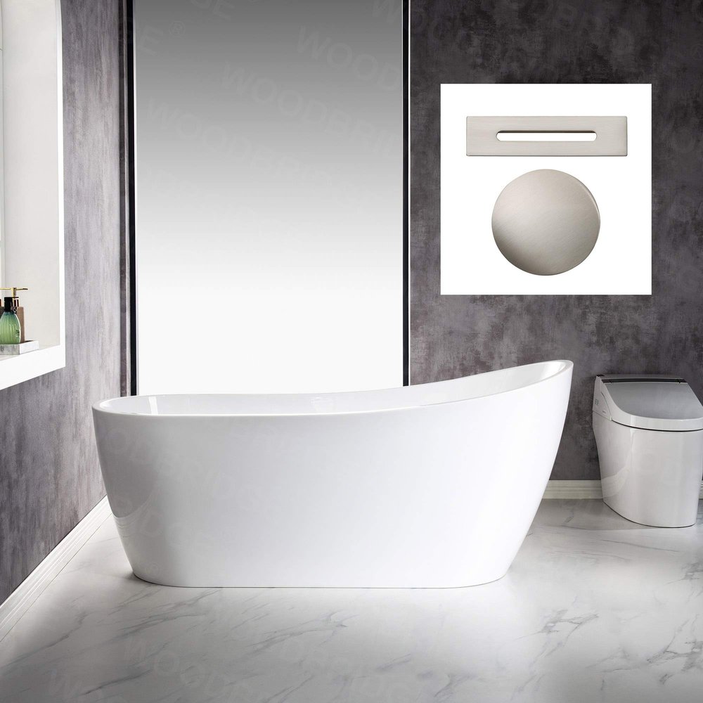 WOODBRIDGE 67"Freestanding White Acylic Soaking Bathtub with White Pillow,Drain and Overflow in Brushed Nickel,BTA1508 -B/N-Drain &O+ Pillow