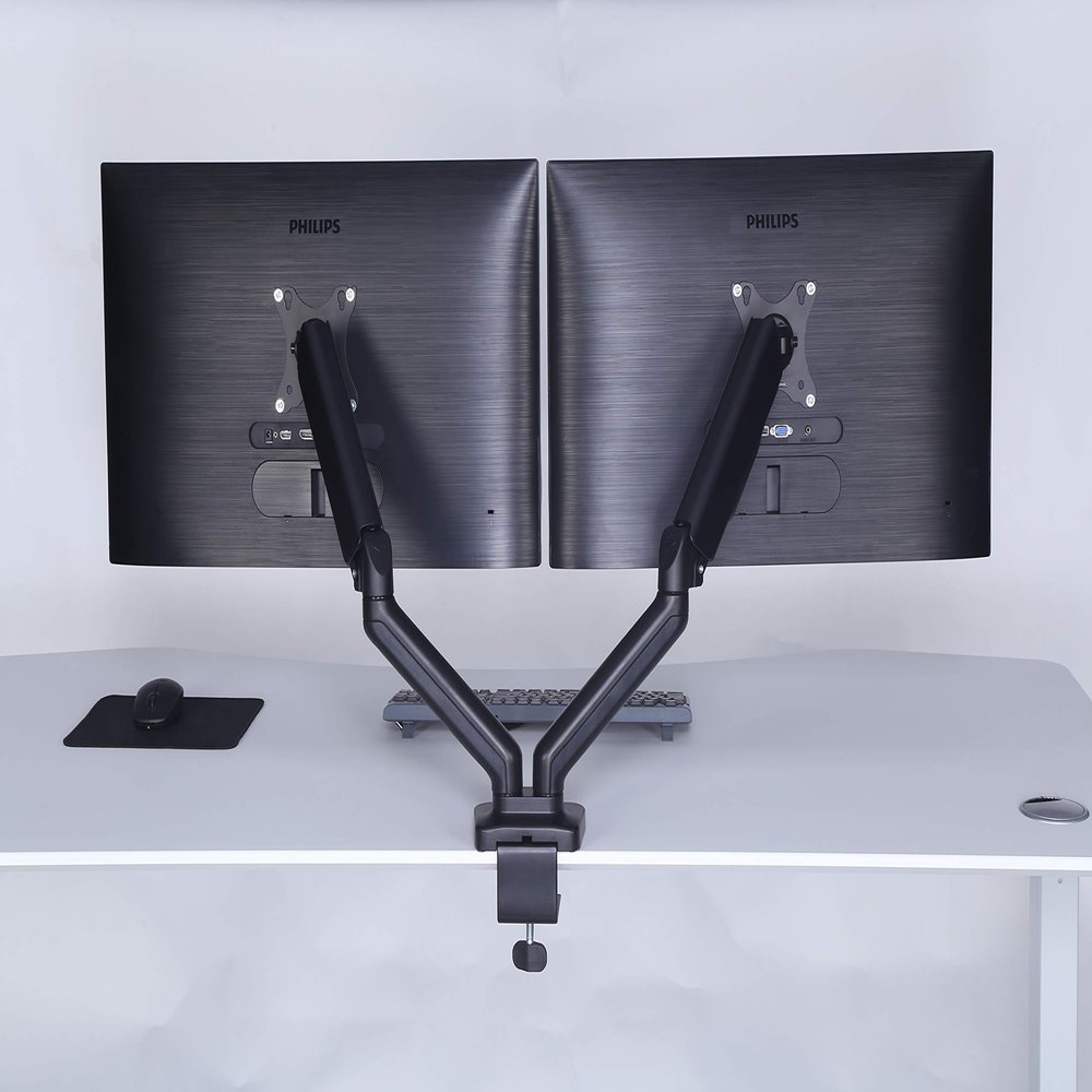 ApexDesk Dual Monitor Arm Desk Mount Adjustable Height Gas Spring VESA Mount with C Clamp & Mounting Base Computer Monitor Stand for Screen up to 32 inch Holds up to 20 lbs., Black (DMM-24)