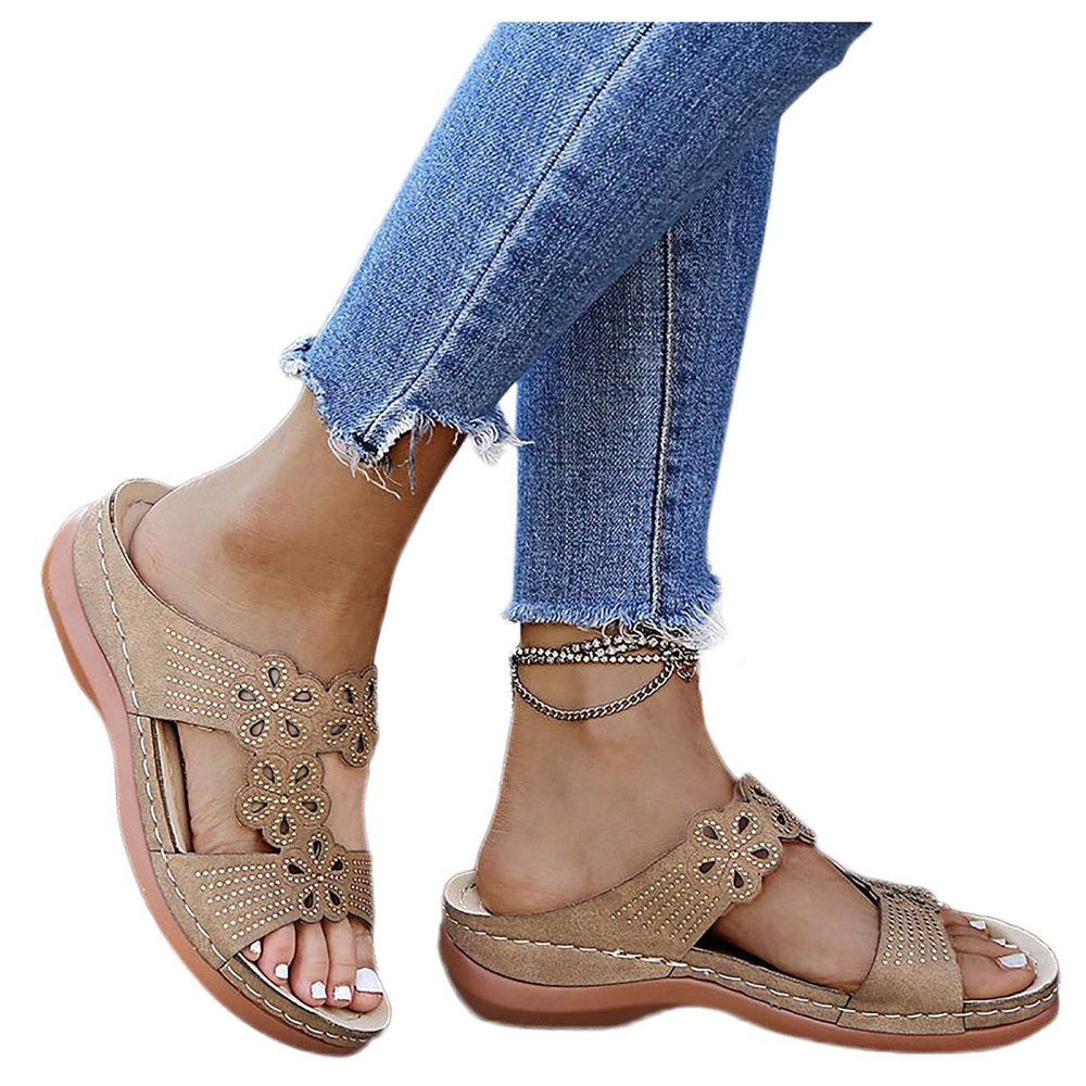 ZBYY Womens Wedge Flip Flops Open Toe Casual Flats Sandals Beach Flower Rhinestone Walking Shoes Arch Support Slide