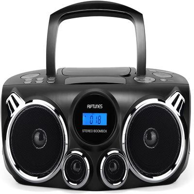 RIPTUNES Portable CD Player Bluetooth Stereo Sound, Digital AM FM Radio, MP3 CD Boombox USB SD Playback with Enhanced Bass, Aux in, Headphone Jack, CD-R/CD-RW Compatible, LCD Backlit Display, Black