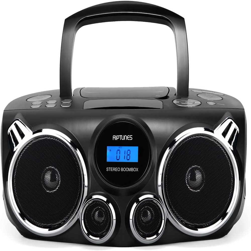 RIPTUNES Portable CD Player Bluetooth Stereo Sound, Digital AM FM Radio, MP3 CD Boombox USB SD Playback with Enhanced Bass, Aux in, Headphone Jack, CD-R/CD-RW Compatible, LCD Backlit Display, Black