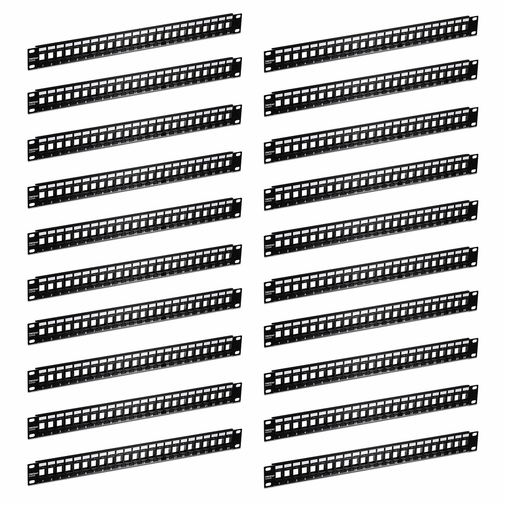 TRENDnet 24-Port Blank Keystone 1U Patch Panel, 20-Pack Bundle, 1U 19" Metal Rackmount Housing, Recommended with TC-K25C6 & TC-K50C6 Cat6 Keystone Jacks (Sold Separately), Black, TC-KP24-20