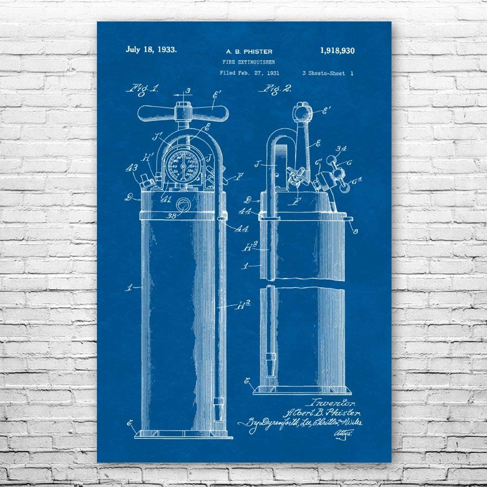 Fire Extinguisher 1933 Poster Print, First Responder, Volunteer Fireman, Firefighter Gift, Firehouse Decor, Fireman Gift Blueprint (20 inch x 30 inch)