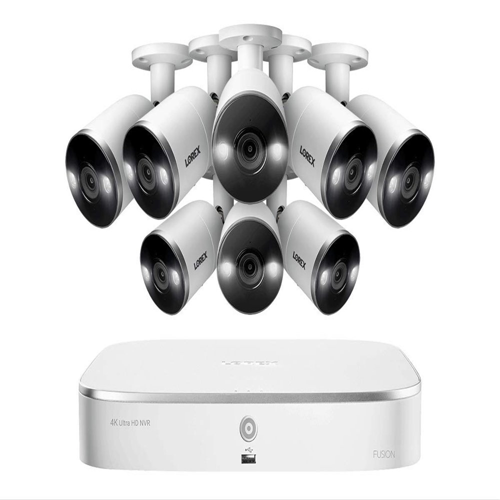 Lorex N4K2SD-88WB Surveillance System Featuring N842A82 Fusion 4K 2TB NVR and 8 E892AB 4K 8MP Active Deterrence Bullet Camera