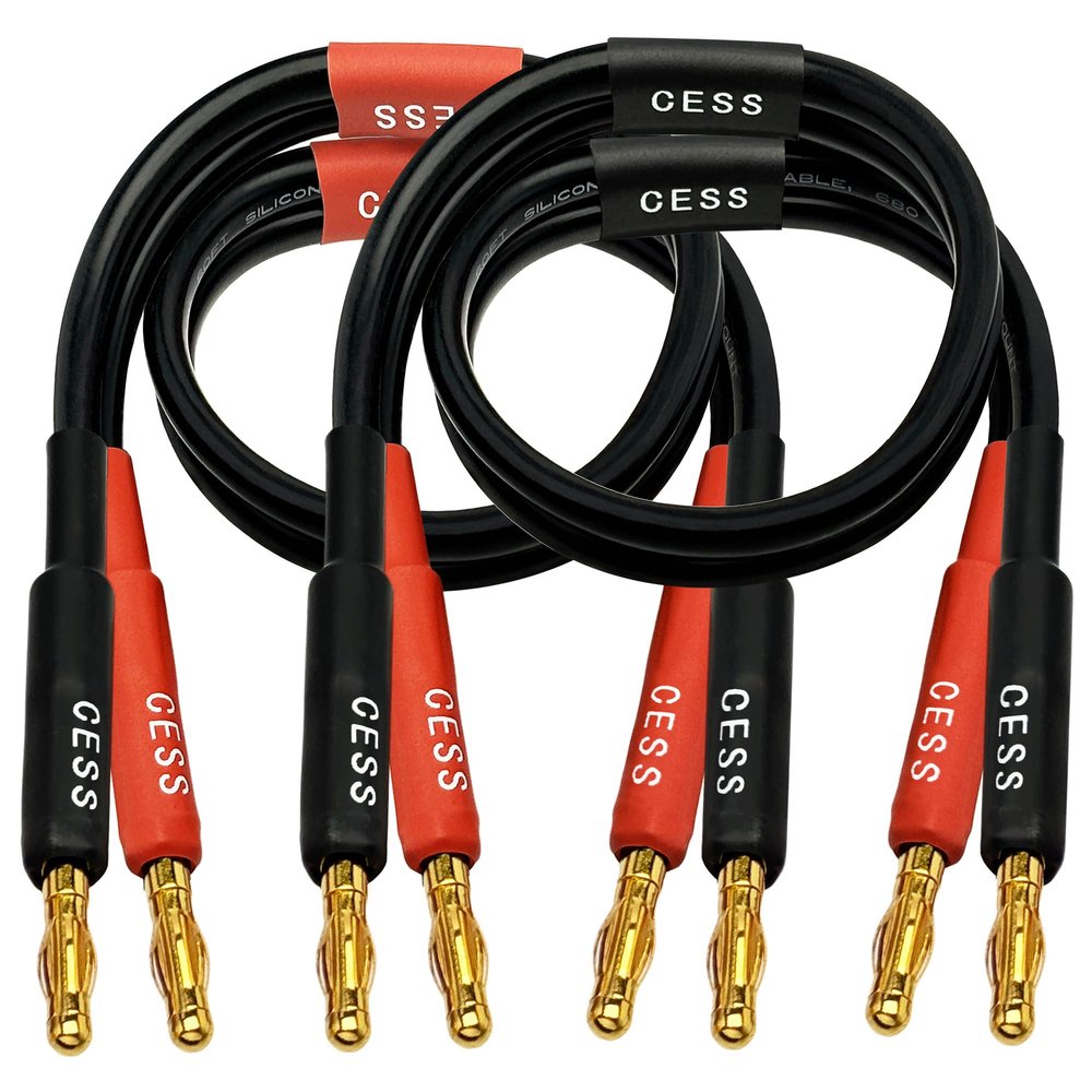 CNCESS CESS-037-1F 12 AWG Silicone Speaker Cable, Banana Plug Male to Male, Tinned Copper Wire, 1 Foot, 2-Channel