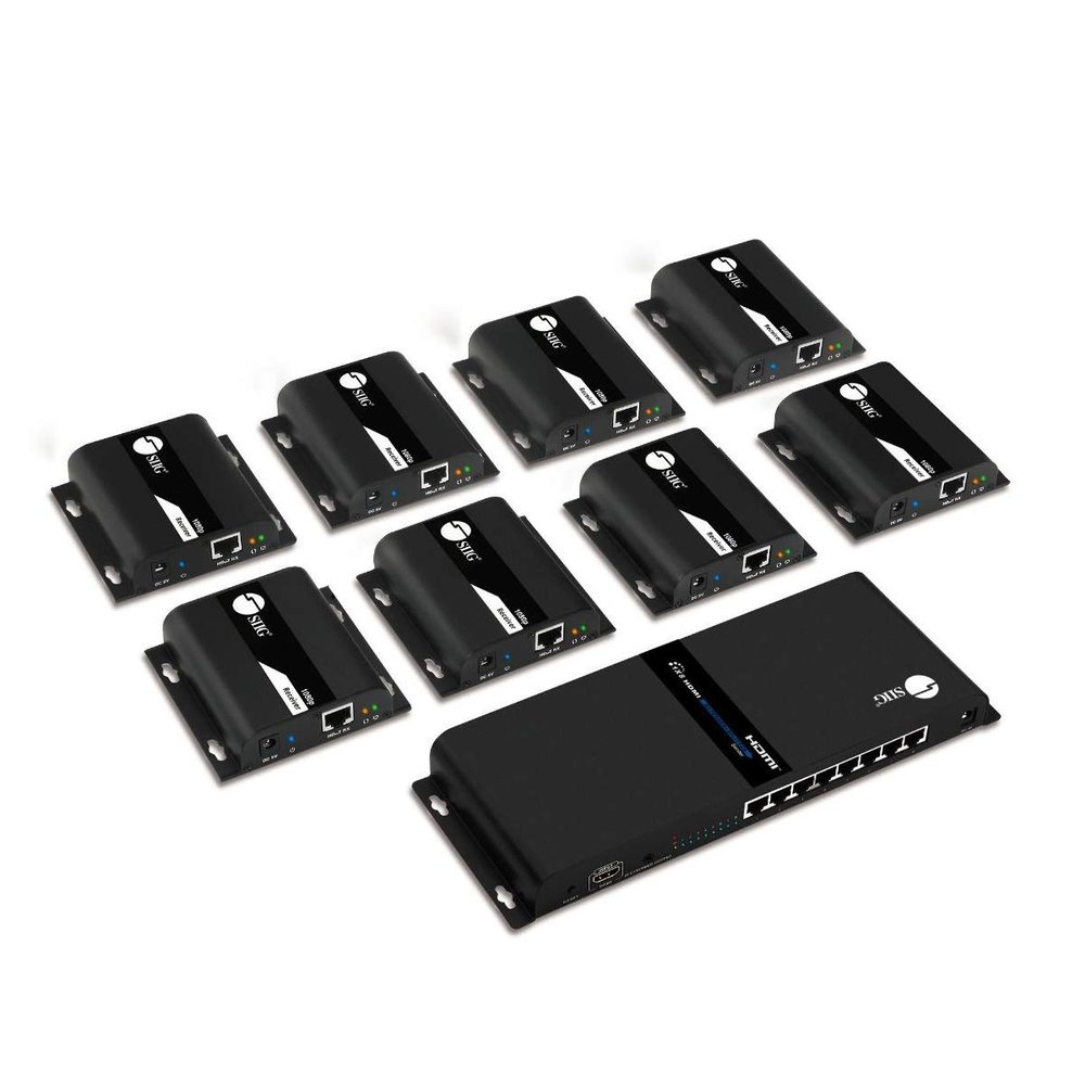 SIIG 1x8 1080p HDMI Extender Splitter kit Over Cat6 Cable up to 394ft, HDMI 1.3, IR Pass-Through, Support TX to RX Connect Directly or Cascade More receivers via Ethernet Switch (CE-H26W11-S1)