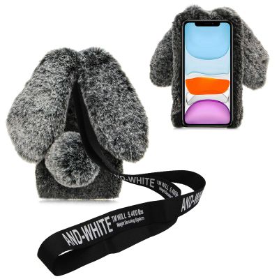 DasKAn 3D Bunny Ears Plush Case for iPod Touch 5/6 / 7 with Crossbody Strap, Winter Warm Handmade Bling Diamond Soft Rabbit Fluffy Furry Fur Shockproof Protective Phone Cover, Grey