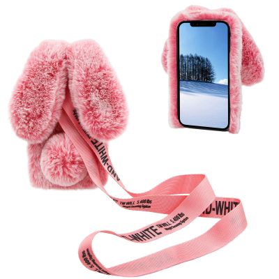 DasKAn 3D Bunny Ears Plush Case for iPod Touch 5/6 / 7 with Crossbody Strap, Winter Warm Handmade Bling Diamond Soft Rabbit Fluffy Furry Fur Shockproof Protective Phone Cover, Pink